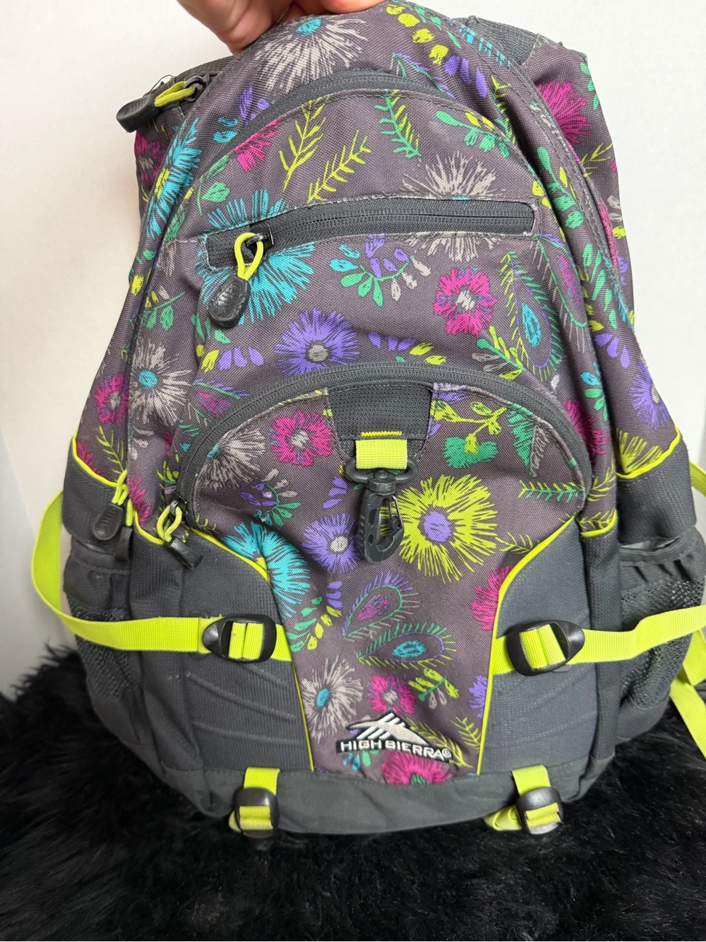 High Sierra Gray Backpack with Neon Yellow Accents and Multicolor Floral Print